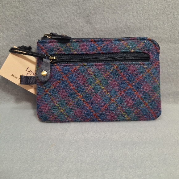 NWT Leather Guild Harris Tweed Wool Tarten Bluebell Leather Coin Purse Scotland - Picture 2 of 14